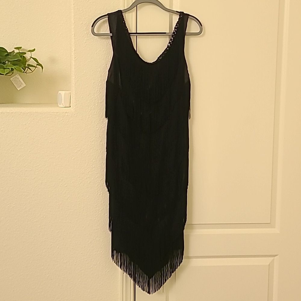 Target Sequins Fringe black Dress glam M v neck Sleeveless bold festival boho